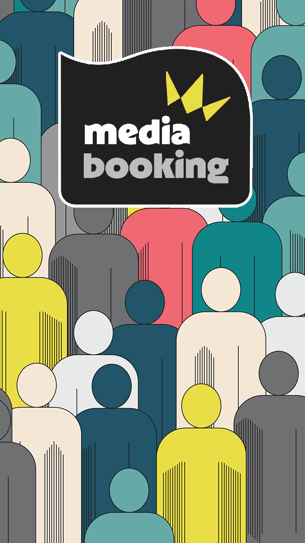 Mediabooking logo jonka taustalla piirrettyjä, värikkäitä ja pelkistettyjä ihmishahmoja.